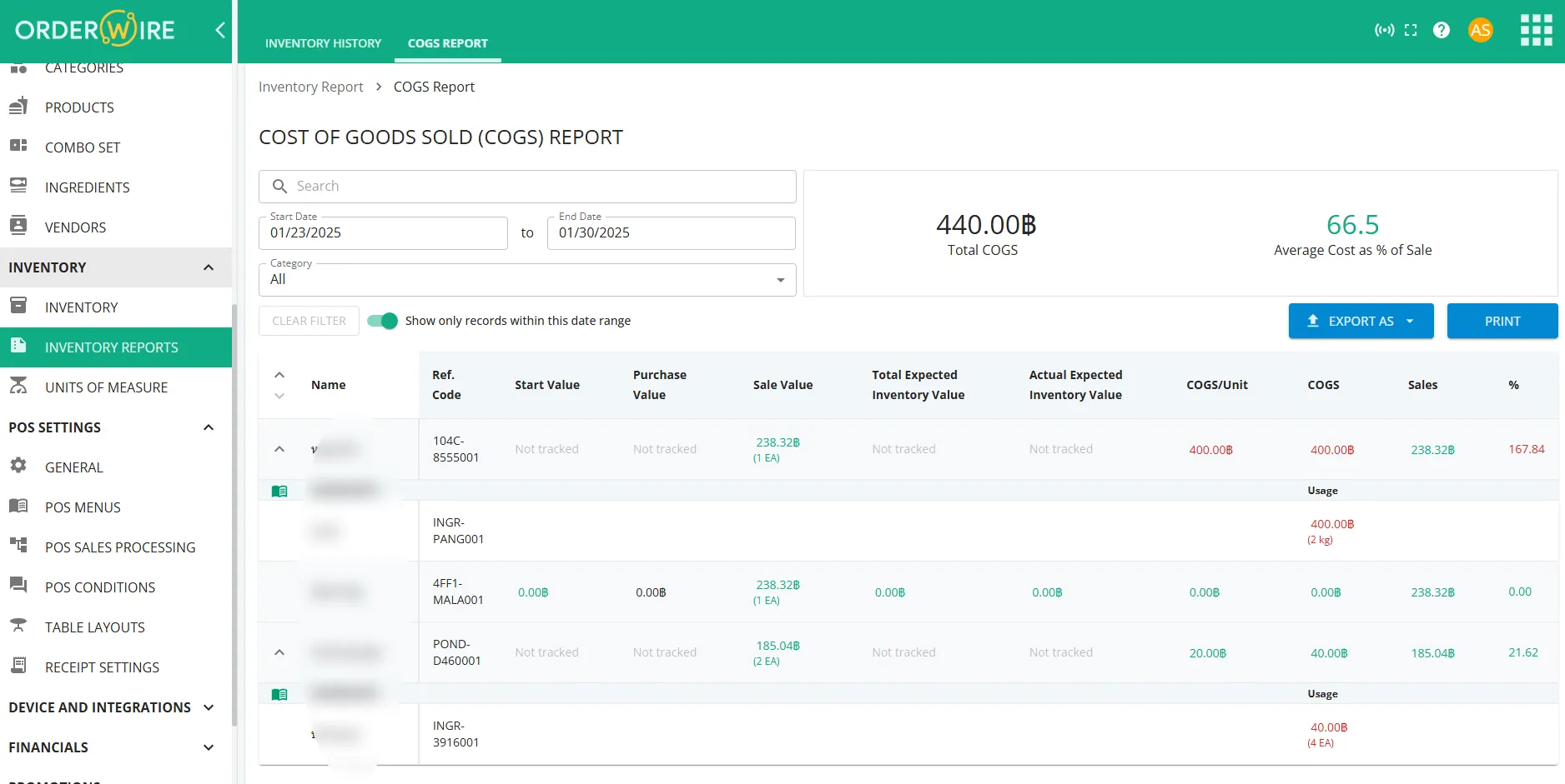 Inventory showing cost of goods report